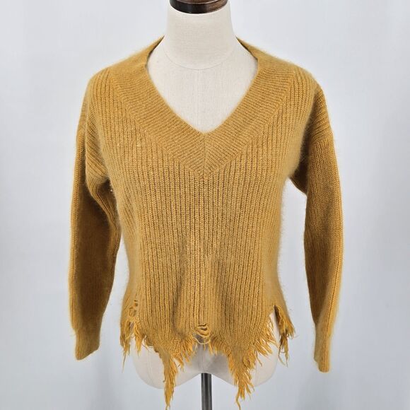 H&M Cropped Sweater Women's M Yellow Chunky Ribbed Frayed Fuzzy - Picture 2 of 6